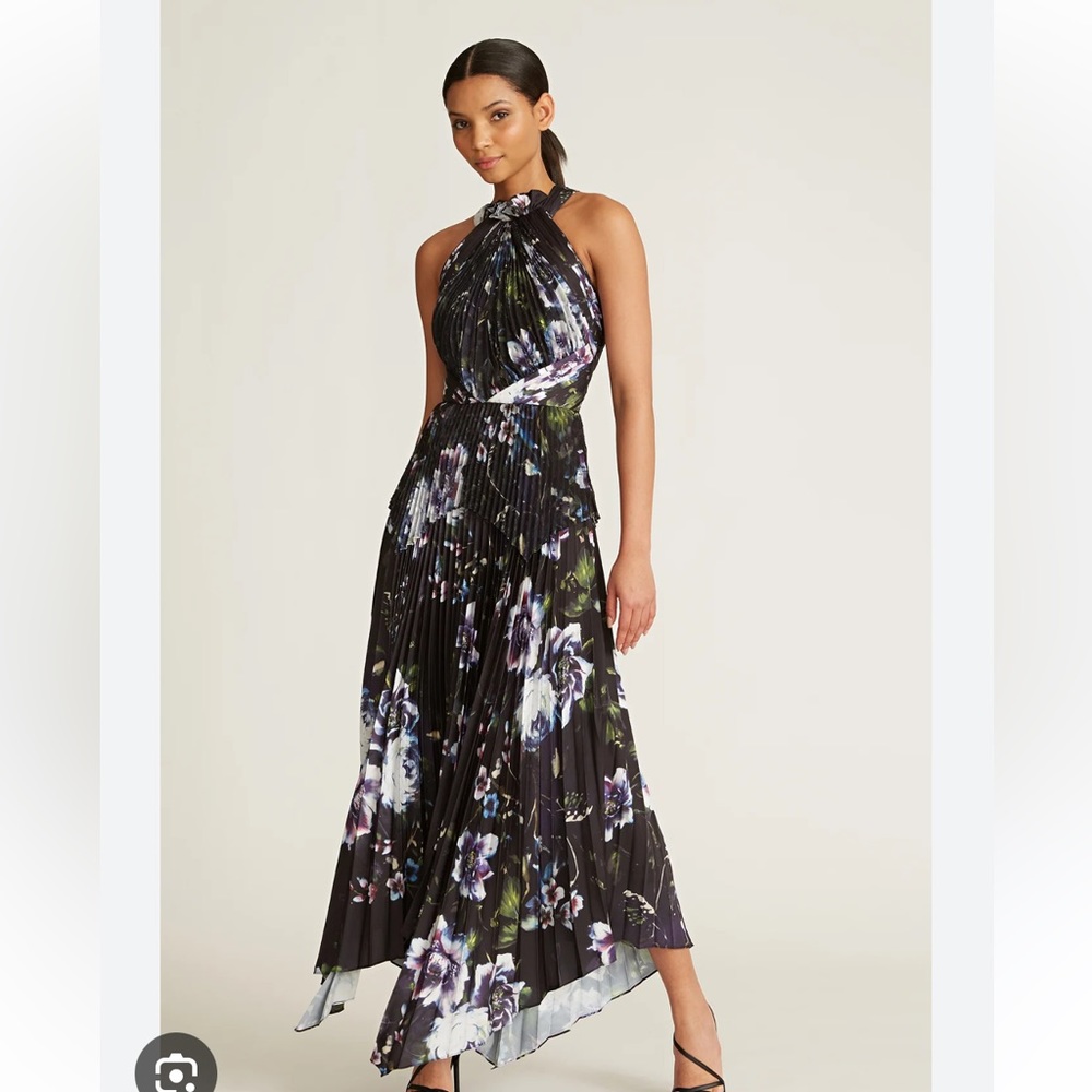 Theia Black Floral Halter Pleated Maxi Dress
